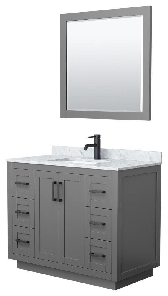 42"SGL Bathroom Vanity Dark Gray, Carrara Countertop, Sink, Black Trim,34"Mirror