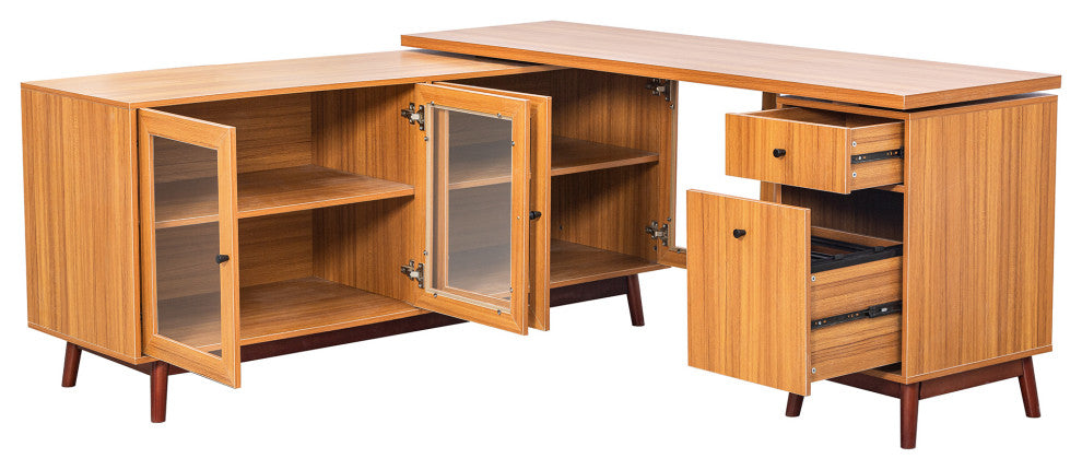 Modern L-shaped Executive Desk, Delicate Tempered Glass Cabinet Storage, Teak