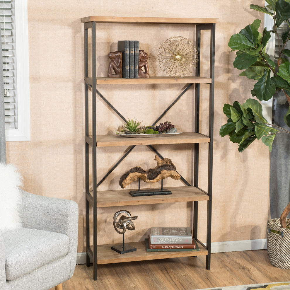 Warner 4 Shelf Firwood Display Bookcase, Antique Brown and Brushed Black Rust