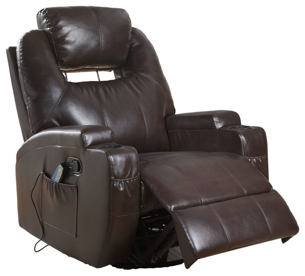 Acme Waterlily Swivel Rocker Recliner with Massage, Brown Pu