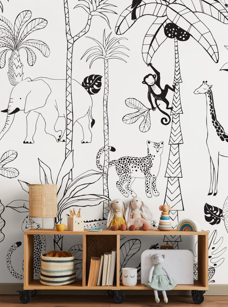 Safari Jungle Illustration Peel and Stick Vinyl Mural, Black, 24"x96", Single