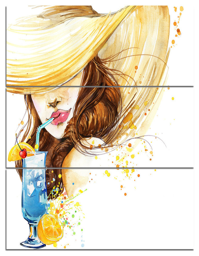 "Woman With Fruit Cocktail" Glossy Metal Wall Art, 3 Panels, 28"x36"