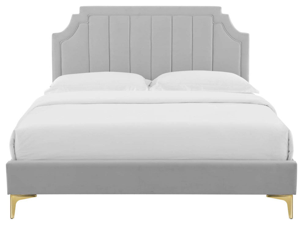 Platform Bed Frame, Twin Size, Velvet, Light Grey Gray, Modern Contemporary