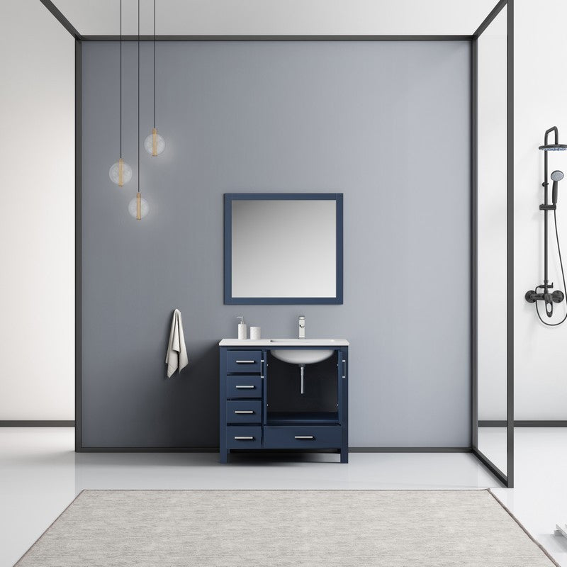 Jacques 36" Navy Blue Single Vanity Set, Carrara Marble Top - Right Version