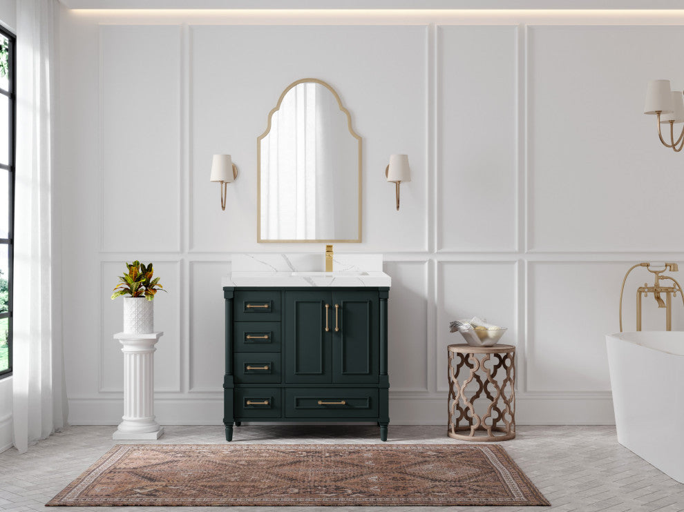 Aberdeen 36 Right Offset Bath Vanity in Dark Forest Green 2" Calacatta Laza