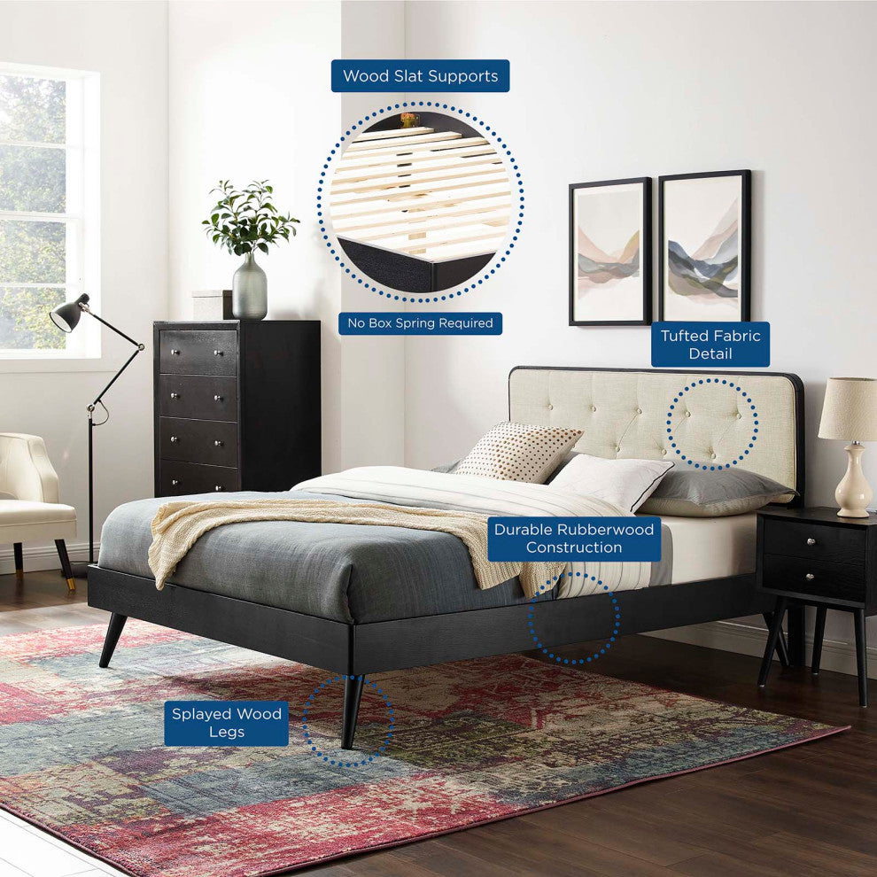 Platform Bed Frame, King Size, Wood, Black Beige, Modern Mid-Century, Bedroom