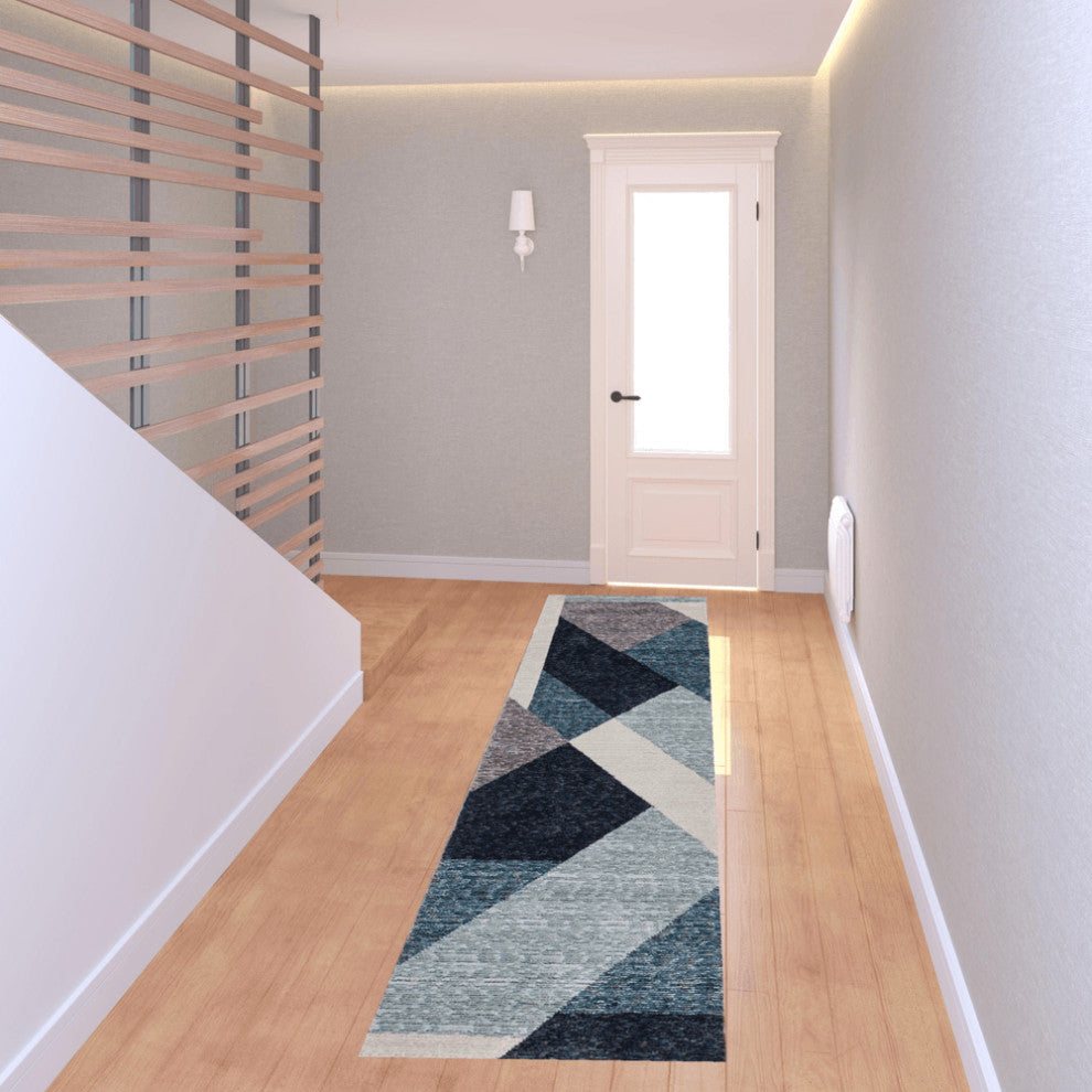 8' Runner Blue Purple Grey and Teal Geometric Power Loom Runner Rug