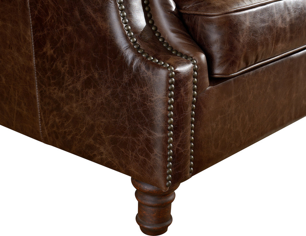 Leather English Rolled Arm Love Seat, Dark Brown