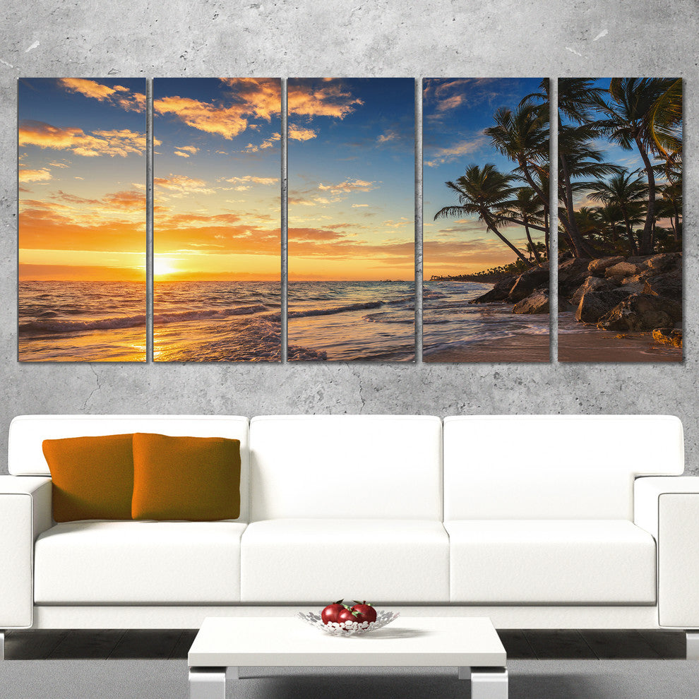 "Paradise Tropical Island Beach With Palms" Seascape Wall Art, 5 Panels, 60"x28"