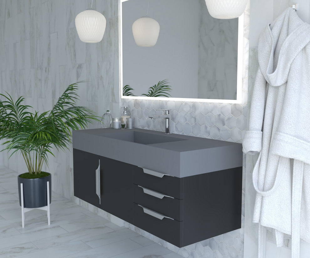 CastelloUSA Amazon 48" Wall Mounted Vanity Set, Black, Gray Top, Chrome Handles