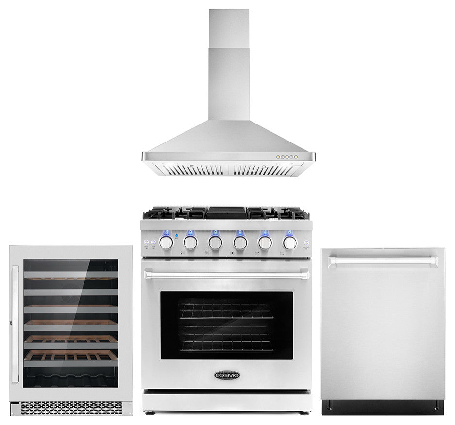 4-Piece, 30" Gas Range, Range Hood, Dishwasher and 48 Bottle Wine Cooler