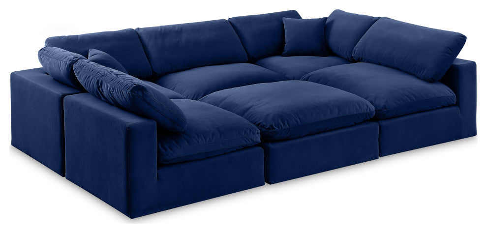Comfy Upholstered U-Shaped Modular Sectional, Navy, 6-Piece: 3 Armless Chair, 2 Corner Chair, 1 Ottoman, Velvet