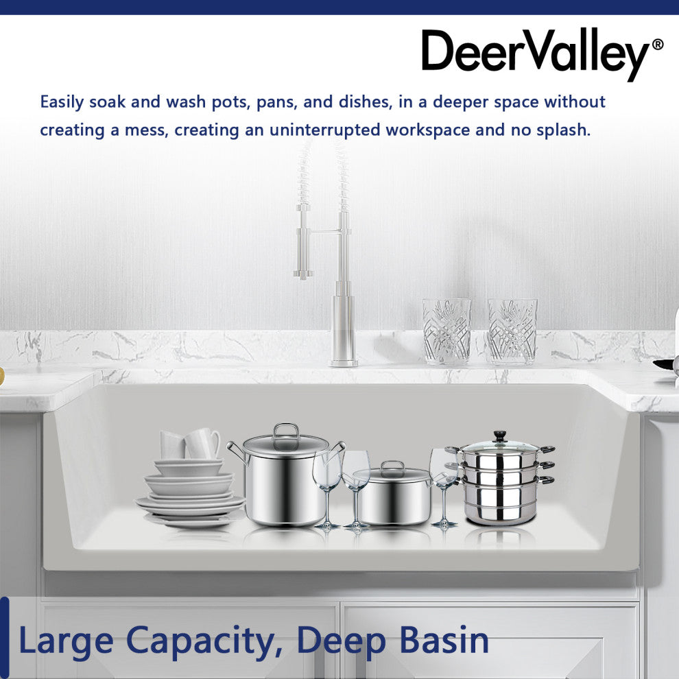 33'' Farm Kitchen Sink Ceramic Rectangular Single Bowl With Grid and Strainer