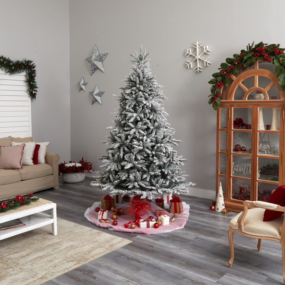 8' Flocked West Virginia Spruce Faux Xmas Tree W/Clear Light & Bendable Branches