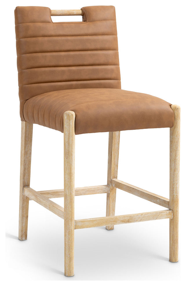 Aimee Upholstered Counter Stool, Cognac, Vegan Leather, Natural Oak Finish