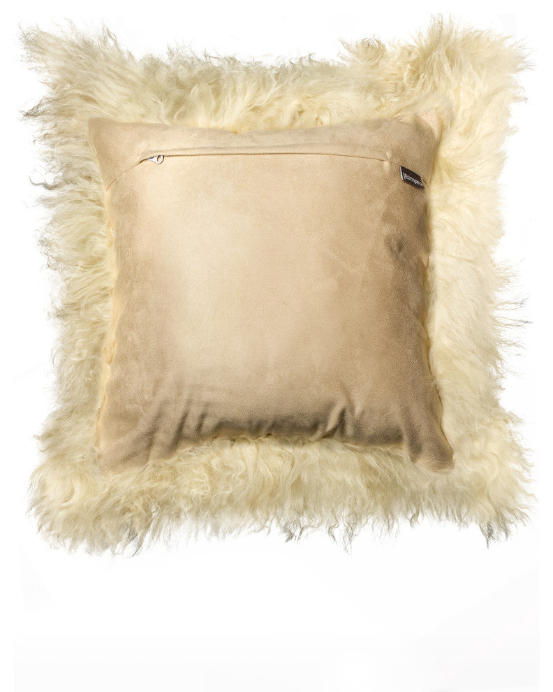 Natural 100% Sheepskin Mongolian Pillow, Natural, 18"x18"