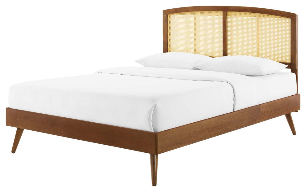Platform Bed Frame, Full Size, Wood, Brown Walnut, Modern Mid-Century, Bedroom
