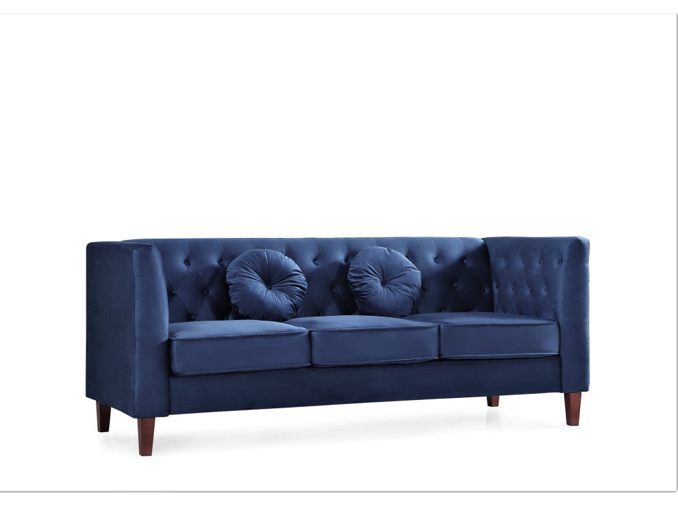 Elegant Sofa, Chesterfield Inspired, Velvet Seat & Button Tufted Back, Dark Blue