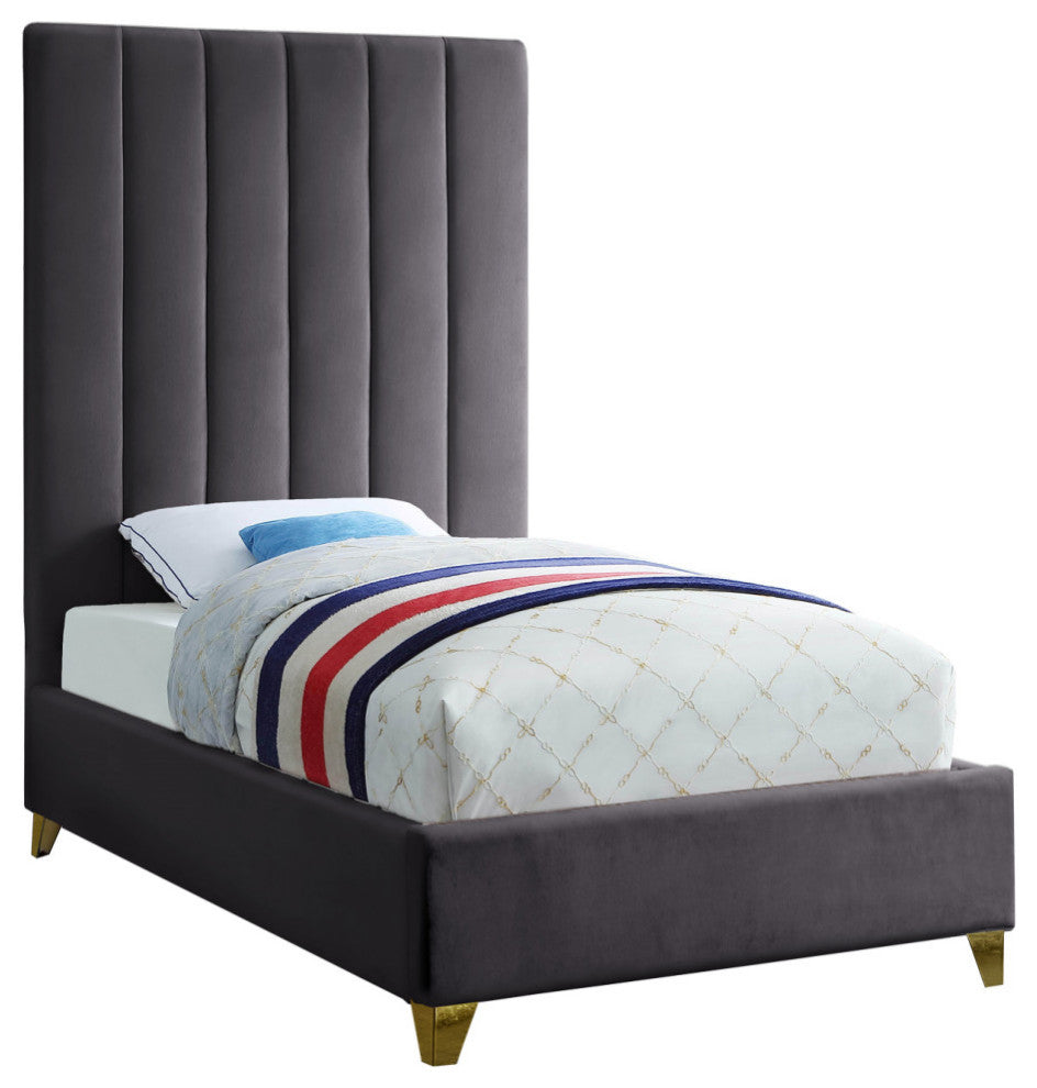 Via Velvet Upholstered Bed, Gray, Twin