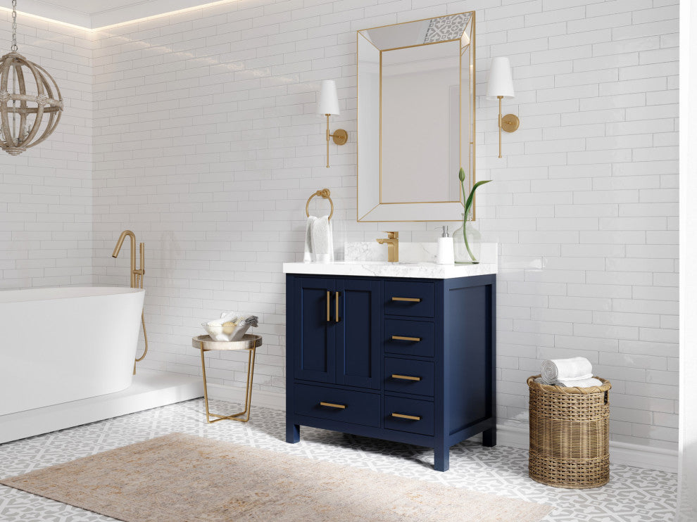 Malibu 36 Left Offset Bath Vanity in Navy Blue 2" Calacatta Laza
