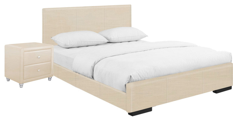 Beige Upholstered Twin Platform Bed With Nightstand