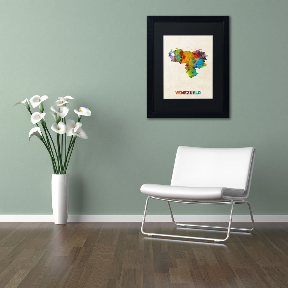 'Venezuela Watercolor Map' Matted Framed Canvas Art by Michael Tompsett