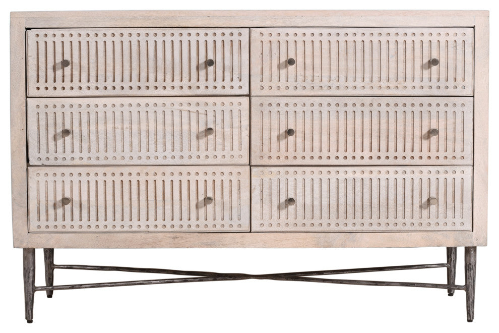 Sarah 6 Drawer Chest, Mango Solid Wood Brushed Ivory Finish on Iron Base
