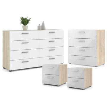 4PC Set Engineered Wood 2 Nightstands 1 Double Dresser & 1 Chest in Oak & White