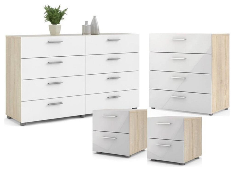 4PC Set Engineered Wood 2 Nightstands 1 Double Dresser & 1 Chest in Oak & White