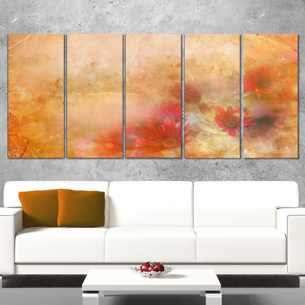 Red and Pink Flowers on Brown, Large Floral Canvas Artwork, 60"x28", 5 Panels