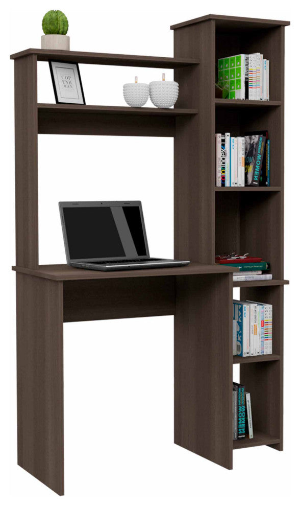 TATEUS 6-Shelf Home Office Writing Desk with Built-in Bookcase, Smokey Oak