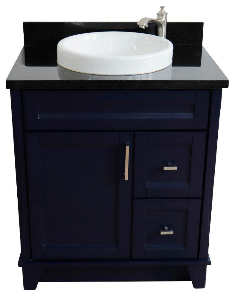 31" Single Sink Vanity, Blue Finish With Black Galaxy Granite With Round Sink