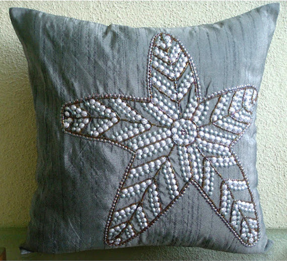 Gray Sequins Starfish 22"x22" Silk Pillows Covers for Couch, Starry Light