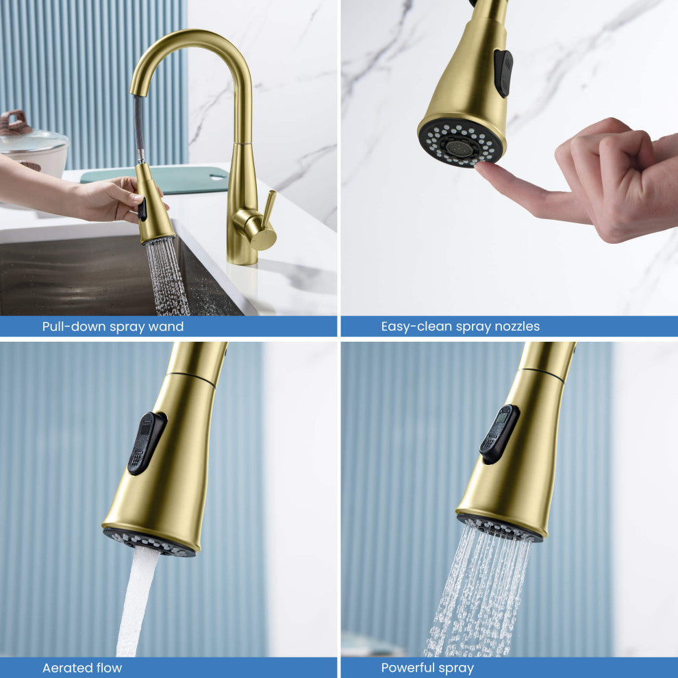 Bari Single Handle Pull Down Kitchen & Bar Sink Faucet, Brushed Gold