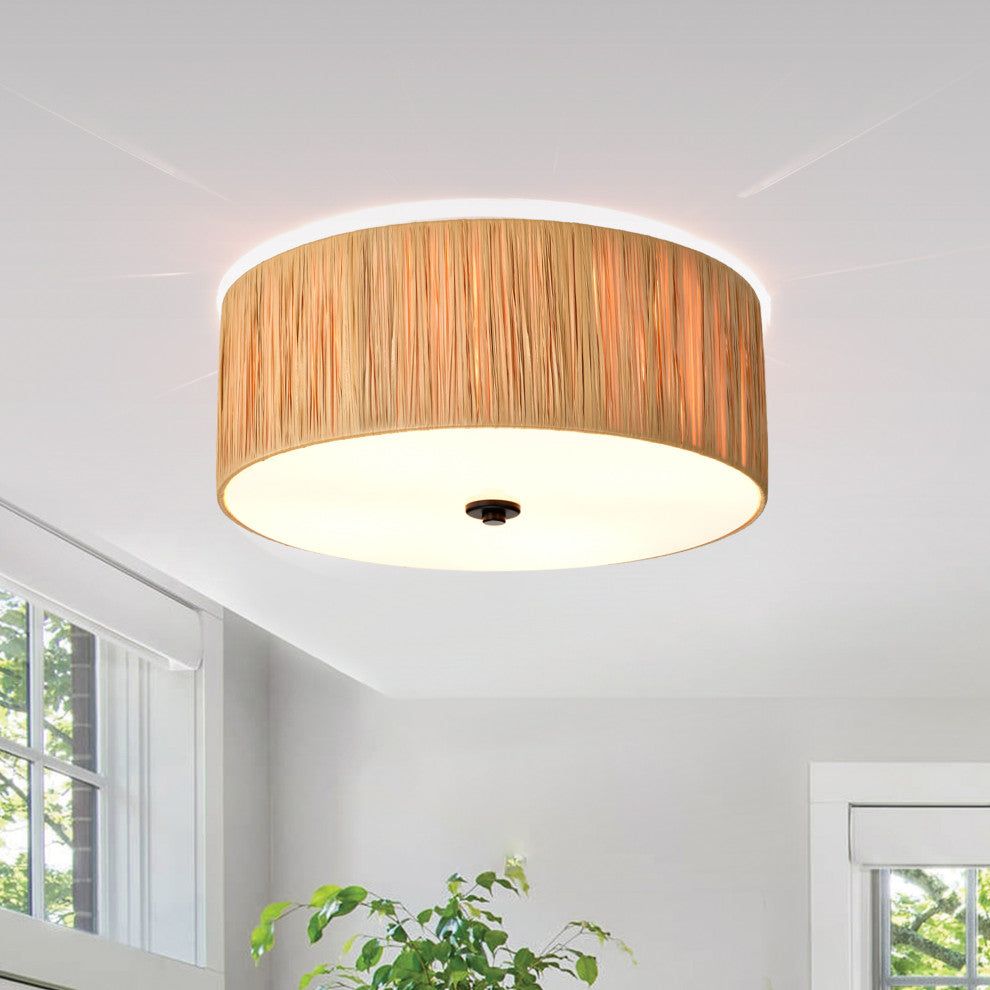 4-Light 16 in. Natural Flush Mount Ceiling Light With Raffia and Acrylic Shade