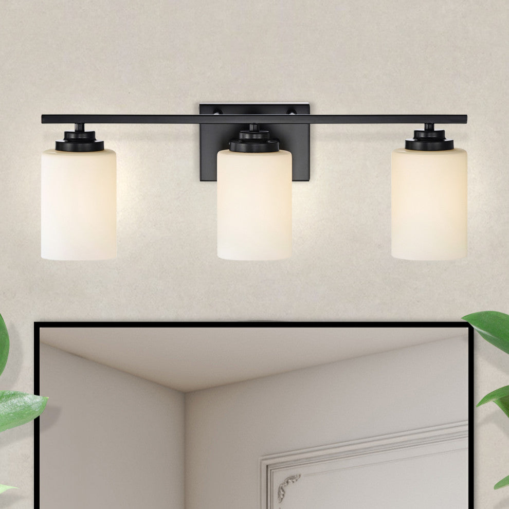 3-Light Matte Black Vanity With Etched White Glass Shades