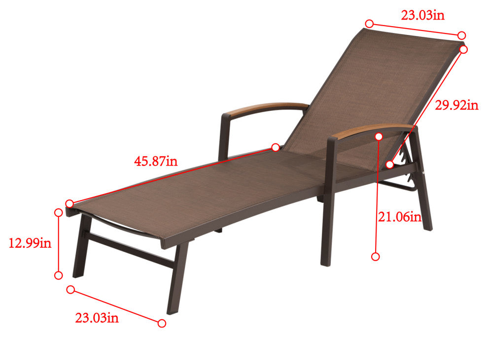 Adjustable Aluminum Outdoor Chaise Lounge Chair with Polywood Arm Lay Flat, Brow
