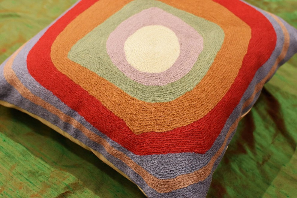 Kandinsky Ruby Square Blue IV Accent Pillow Cover Handembroidered Wool 18x18"