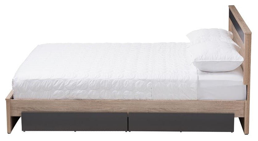 Jamie Two-Tone Oak and Gray Wood Queen 2-Drawer Queen Size Storage Platform Bed