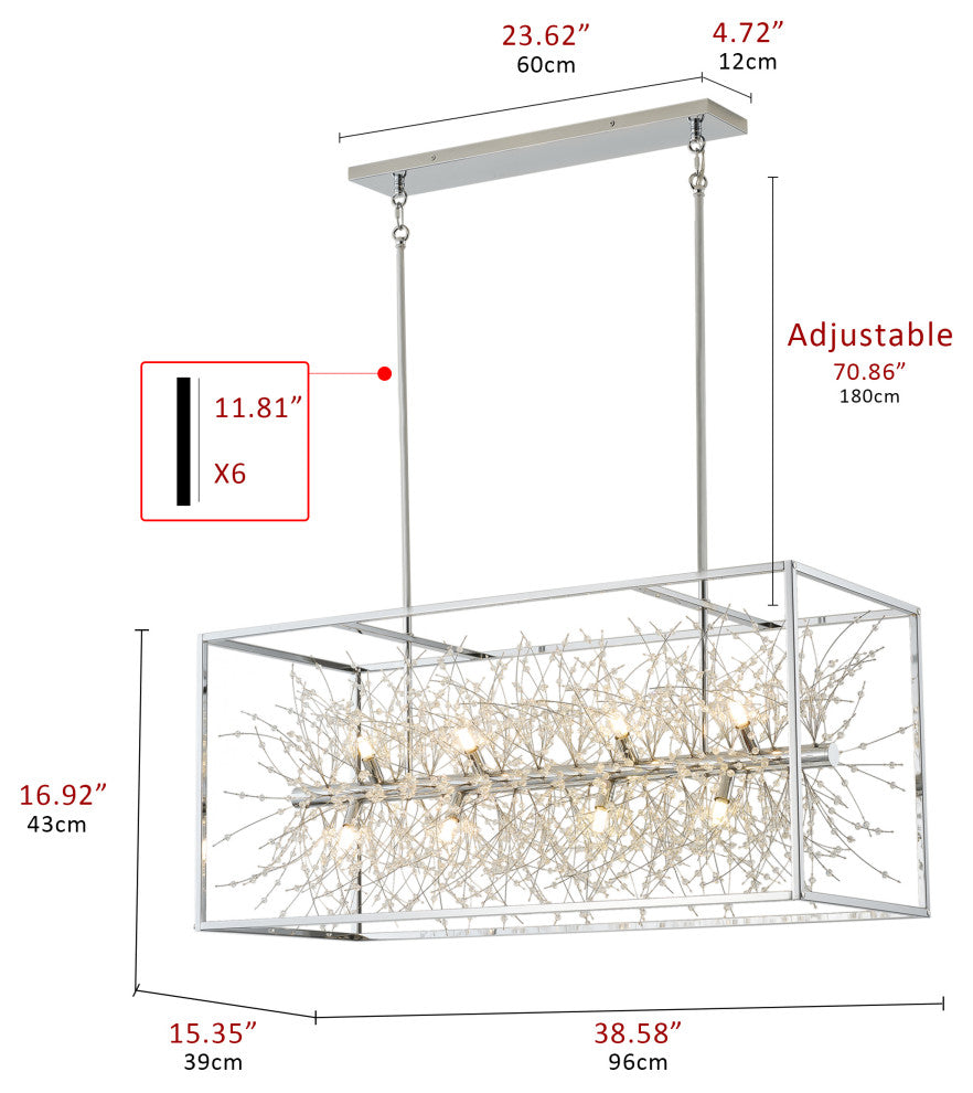 Farmhouse 12-Light Rectangle Kitchen Island Chandelier with Crystal Branch, Chrome