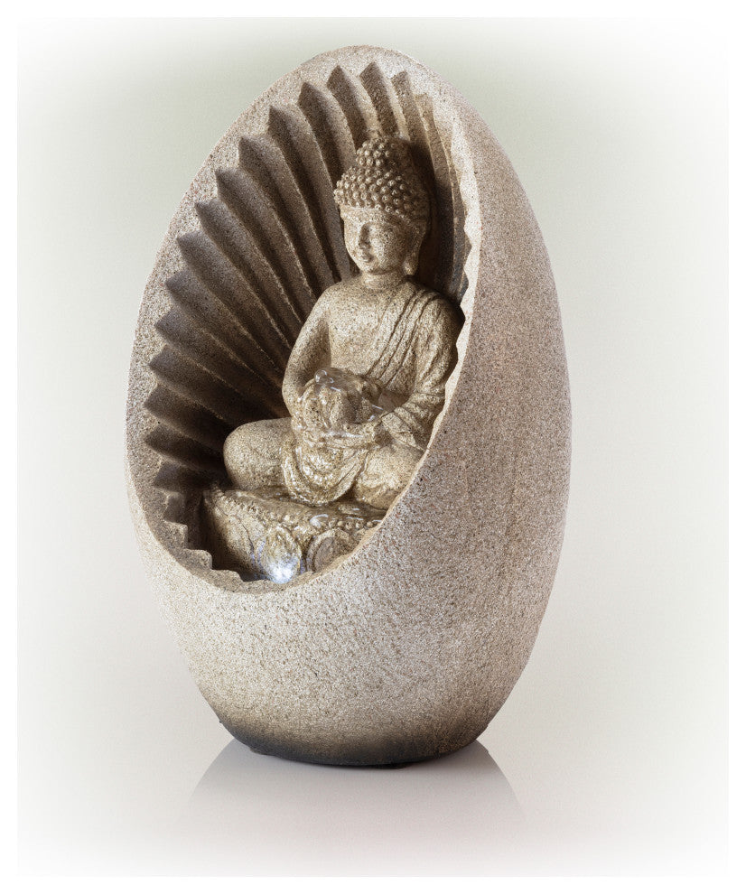 Alpine Buddha Tabletop Fountain With LED Light, 11" Tall
