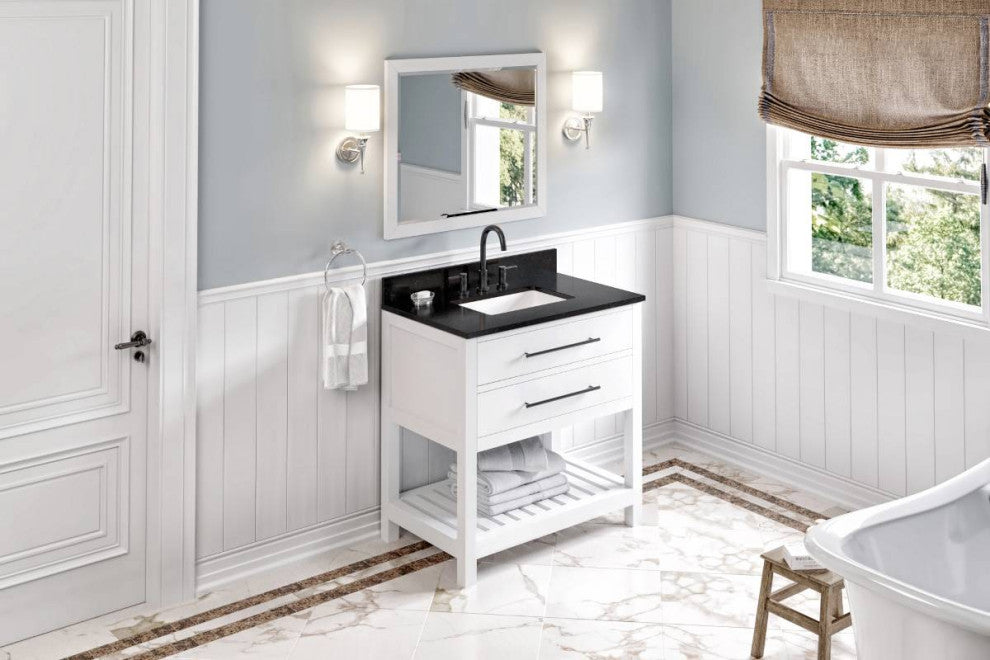 Wavecrest Contemporary White 36" Vanity, Black Granite Top