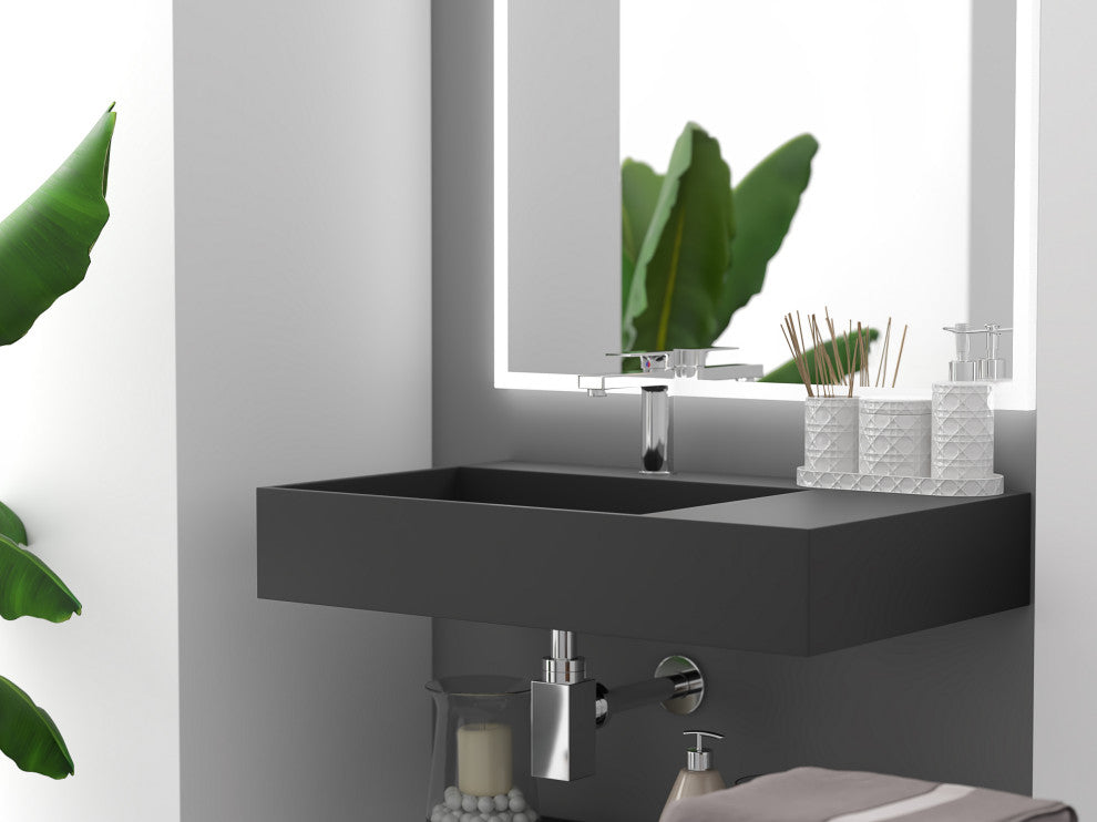 CastelloUSA Juniper Wall Mounted Countertop Concealed Drain Basin Sink, Black, 30", Left Basin, Standard
