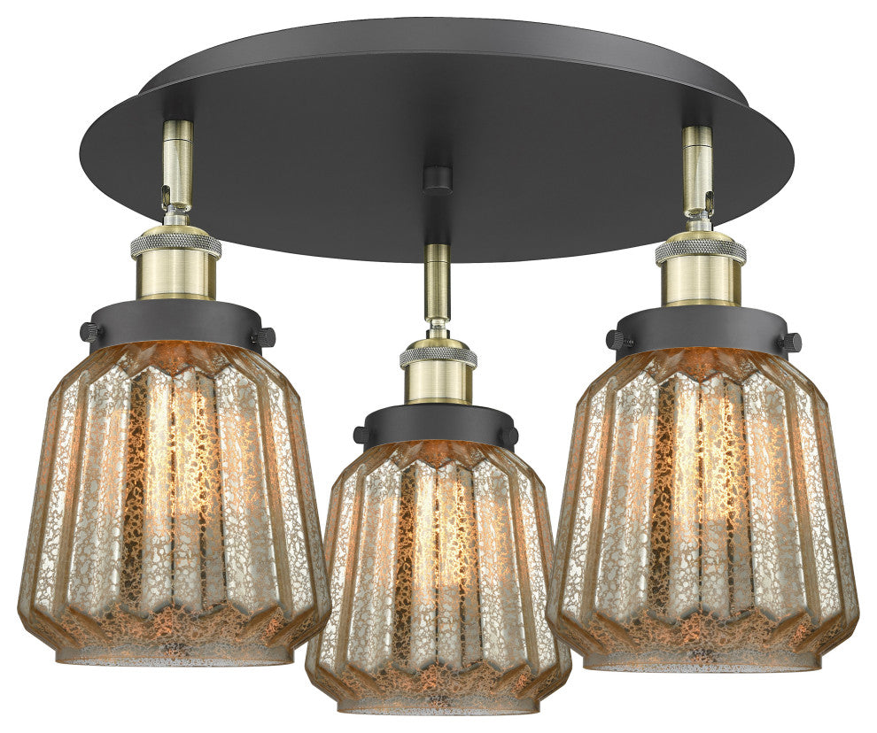 Chatham-3 Light 18" Flush Mount-Black Antique Brass, Mercury Glass Shade
