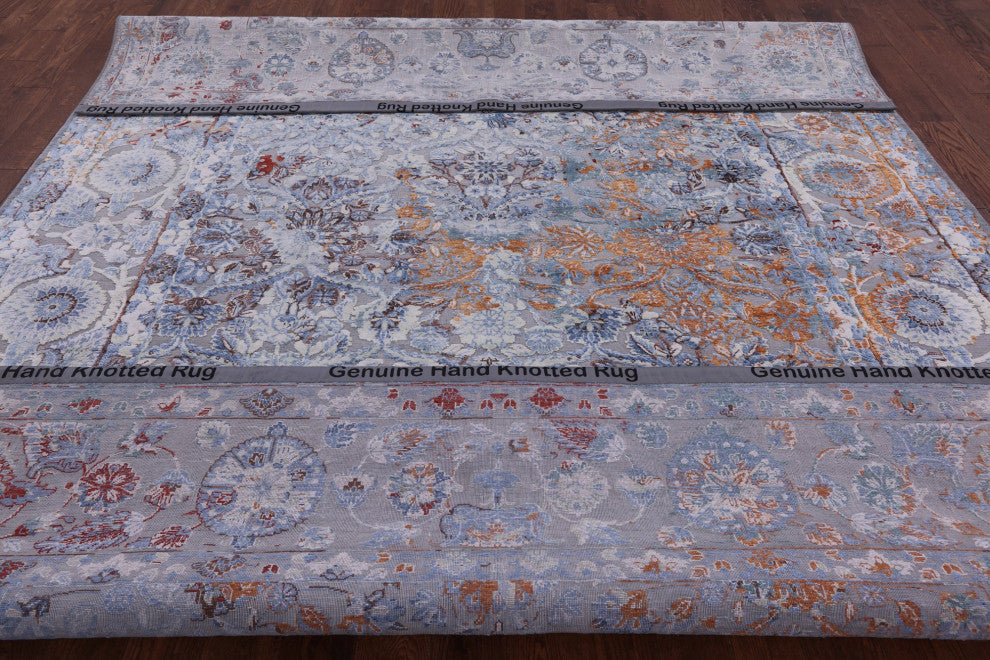 9' 0" X 12' 0" Wool and Silk Hi-Low Persian Hand Knotted Rug Q7196