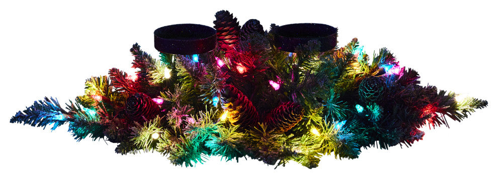 24ï¿½ Flocked Christmas Double Candelabrum / 35 Multi Lights and Pine Cones