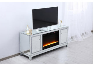 60" Mirrored Tv Stand With Crystal Fireplace Insert In Antique Silver