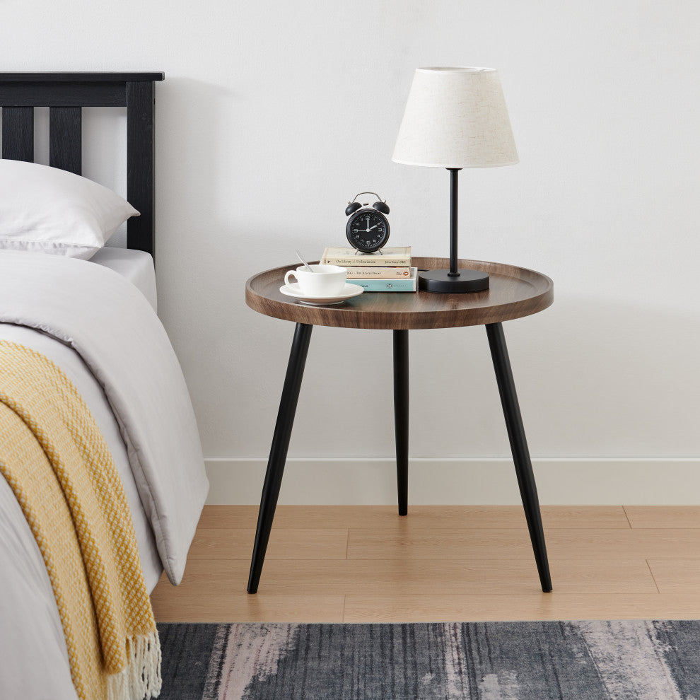 Danya B. Paxton Side Table With Modern Black Metal Taper Legs Round Walnut