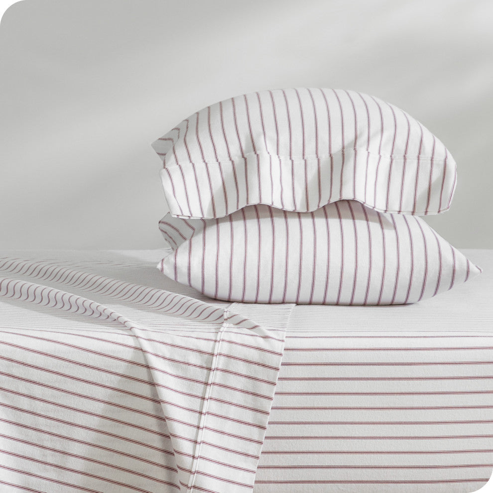 Bare Home Cotton Flannel Sheet Set, Ticking Stripe - White/Burgundy, Full