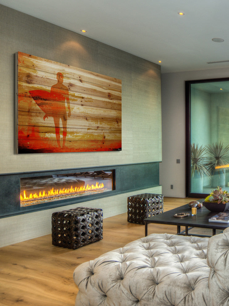 "Dusk Red Surf" Painting Print on Natural Pine Wood, 45"x30"